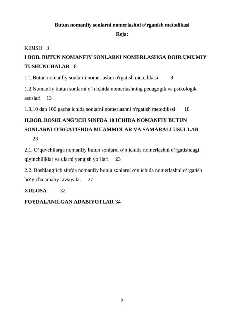 Butun nomanfiy sonlarni nomerlashni oʻrganish metodikasi 2