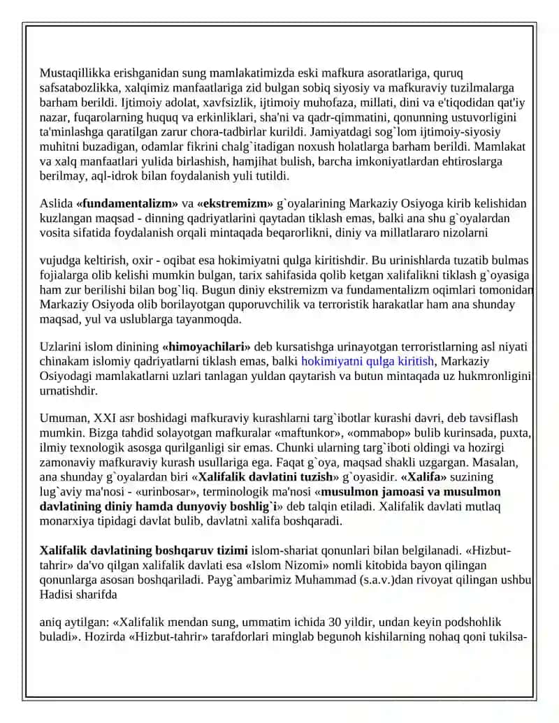 O’zbekiston mustaqilligi xavfsizligi va barqarorligiga g`oyaviy tahdidlar hamda mafkuraviy immunitеt 2