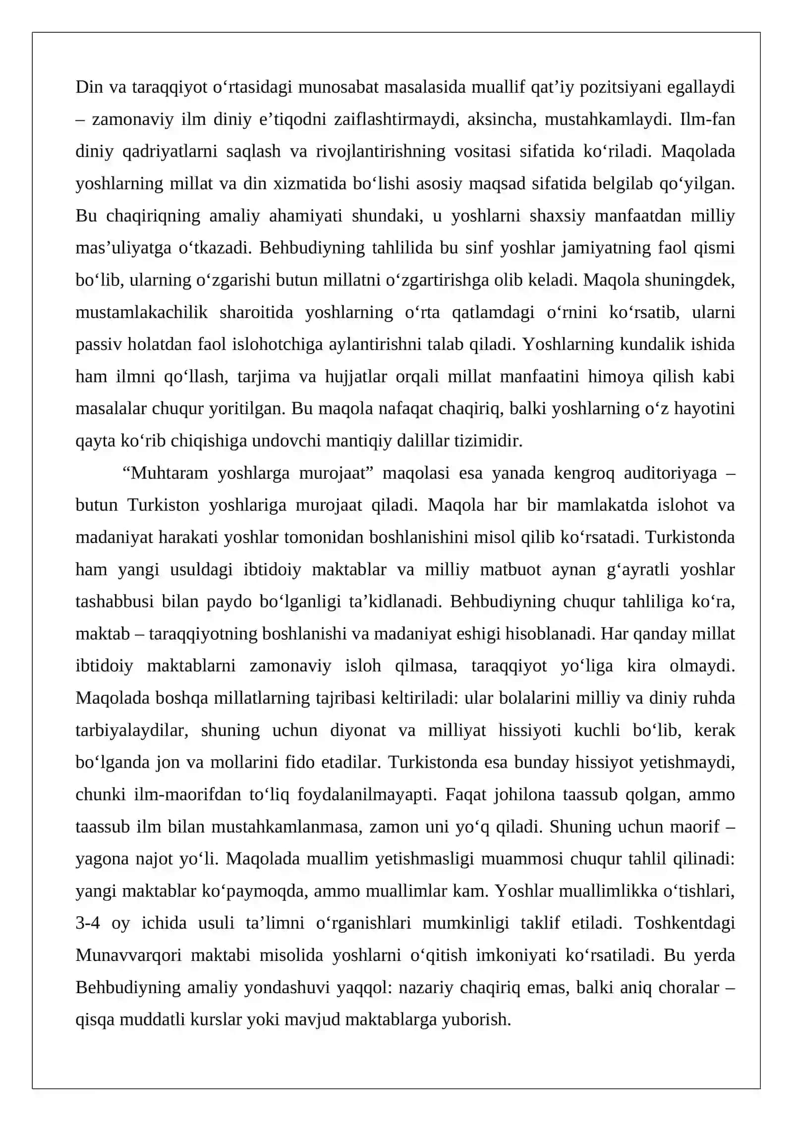 Mahmudxo‘ja Behbudiyning “Yoshlarga murojaat” va “Muhtaram yoshlarga murojaat” maqolalarini tahlil etish 2
