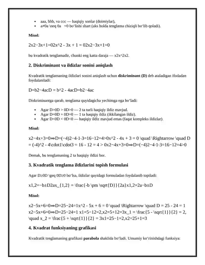 Kvadratik tenglamalar va ularning grafiklari 2