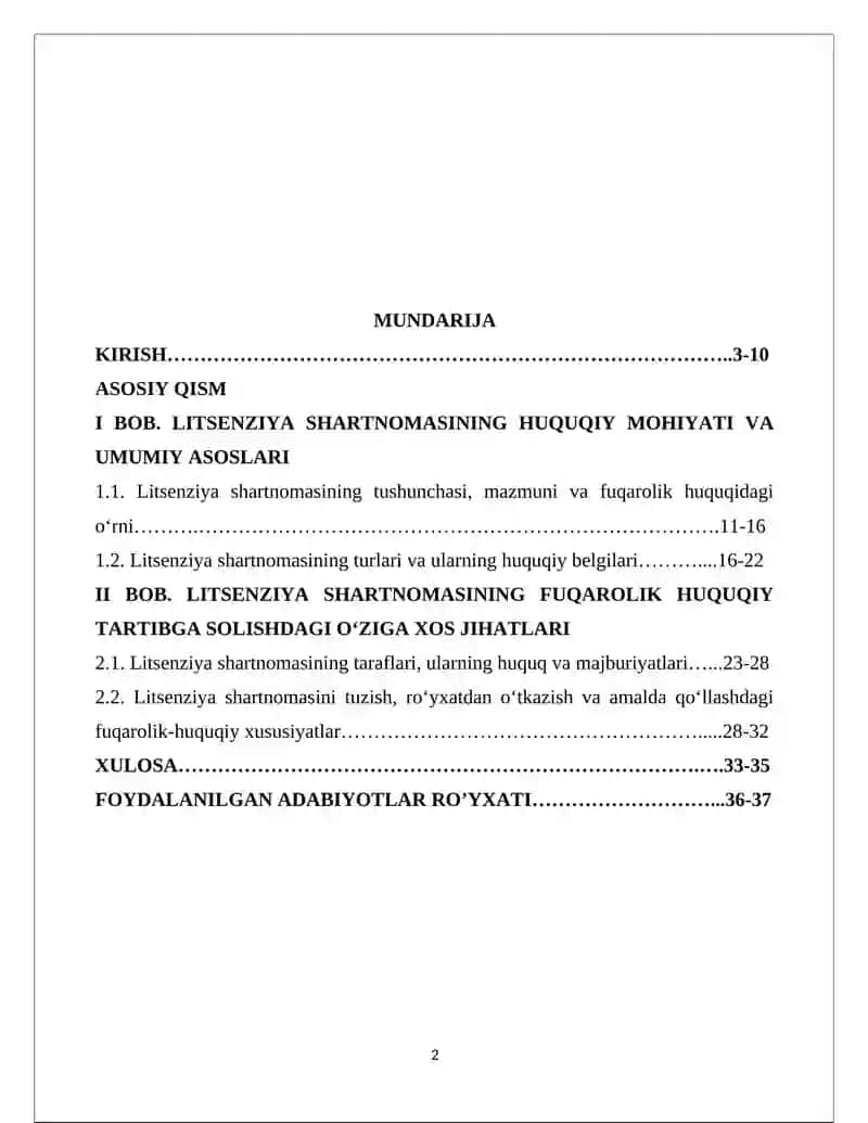 Litsenziya shartnomasining fuqarolik huquqiy tartibga solishning o'ziga hos xususyatlari 2