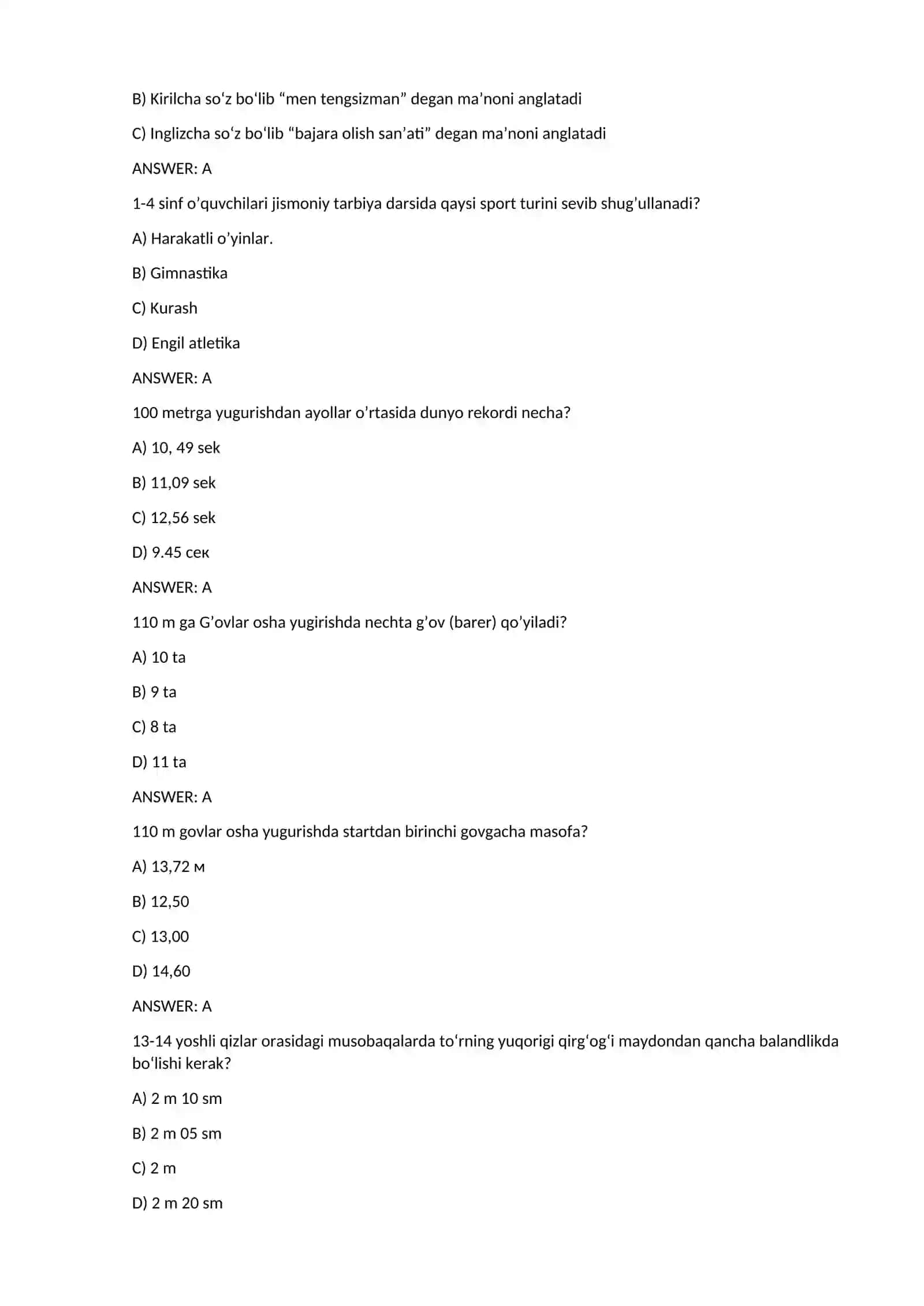 Jismoniy tarbiya FANIDAN TEST savollari 2
