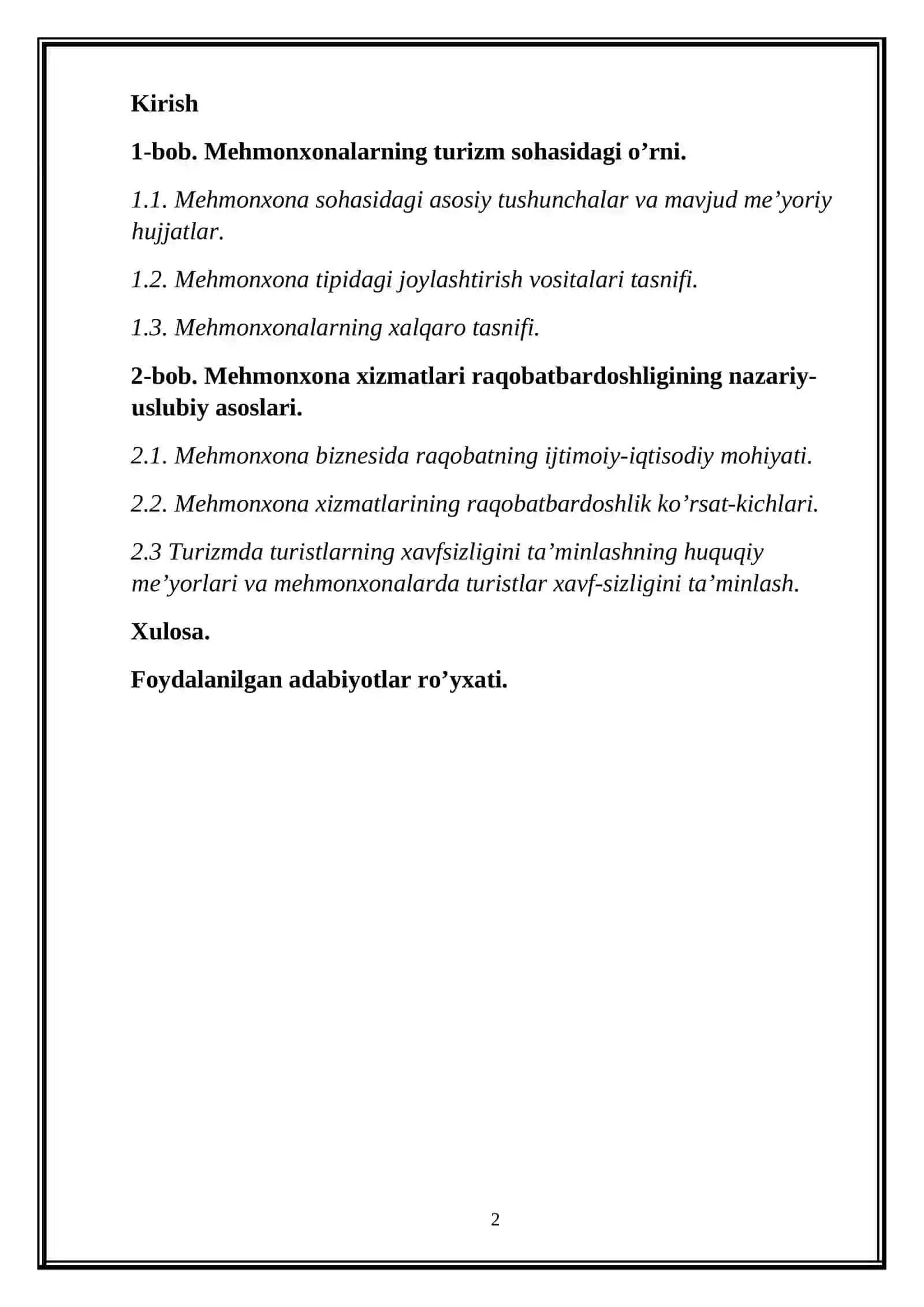 МЕHMONXONALARNING TURIZM SOHASIDAGI O’RNI VA MEHMONXONA XIZMATLARI RAQOBATBARDOSHLIGI 2