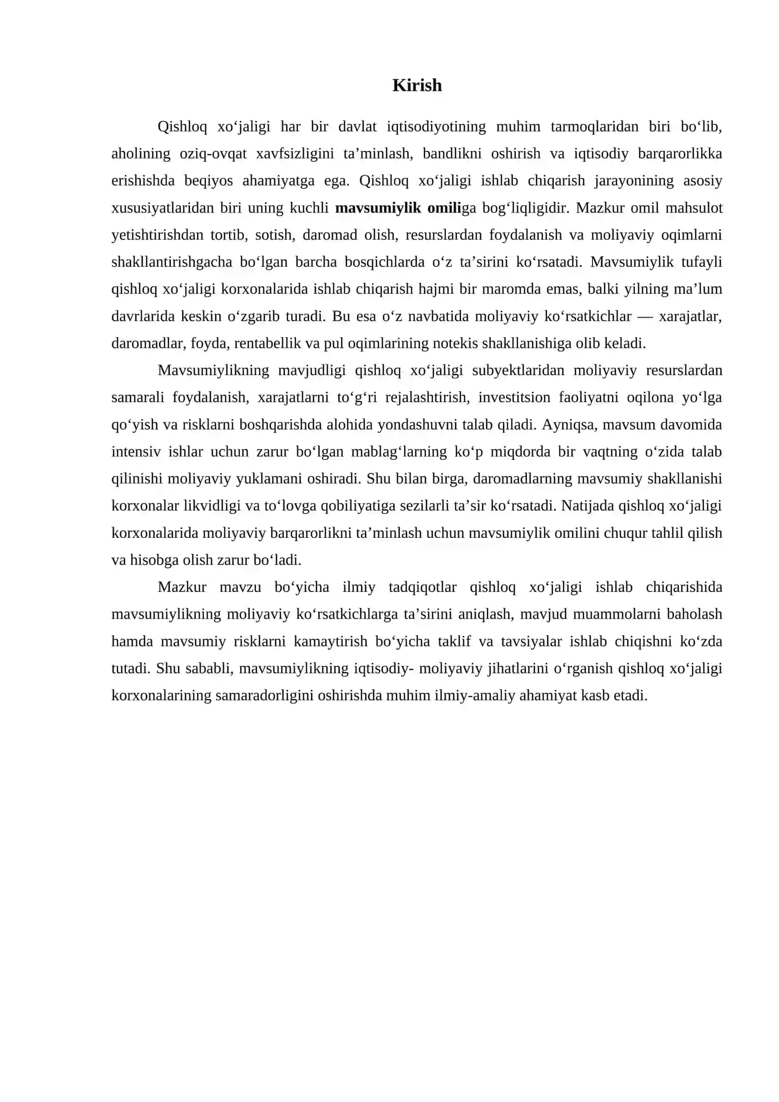 QISHLOQ XO‘JALIK FAOLIYATIDA MAVSUMIYLIK OMILINING MOLIYAVIY KO‘RSATKICHLARIGA TA’SIRI 2