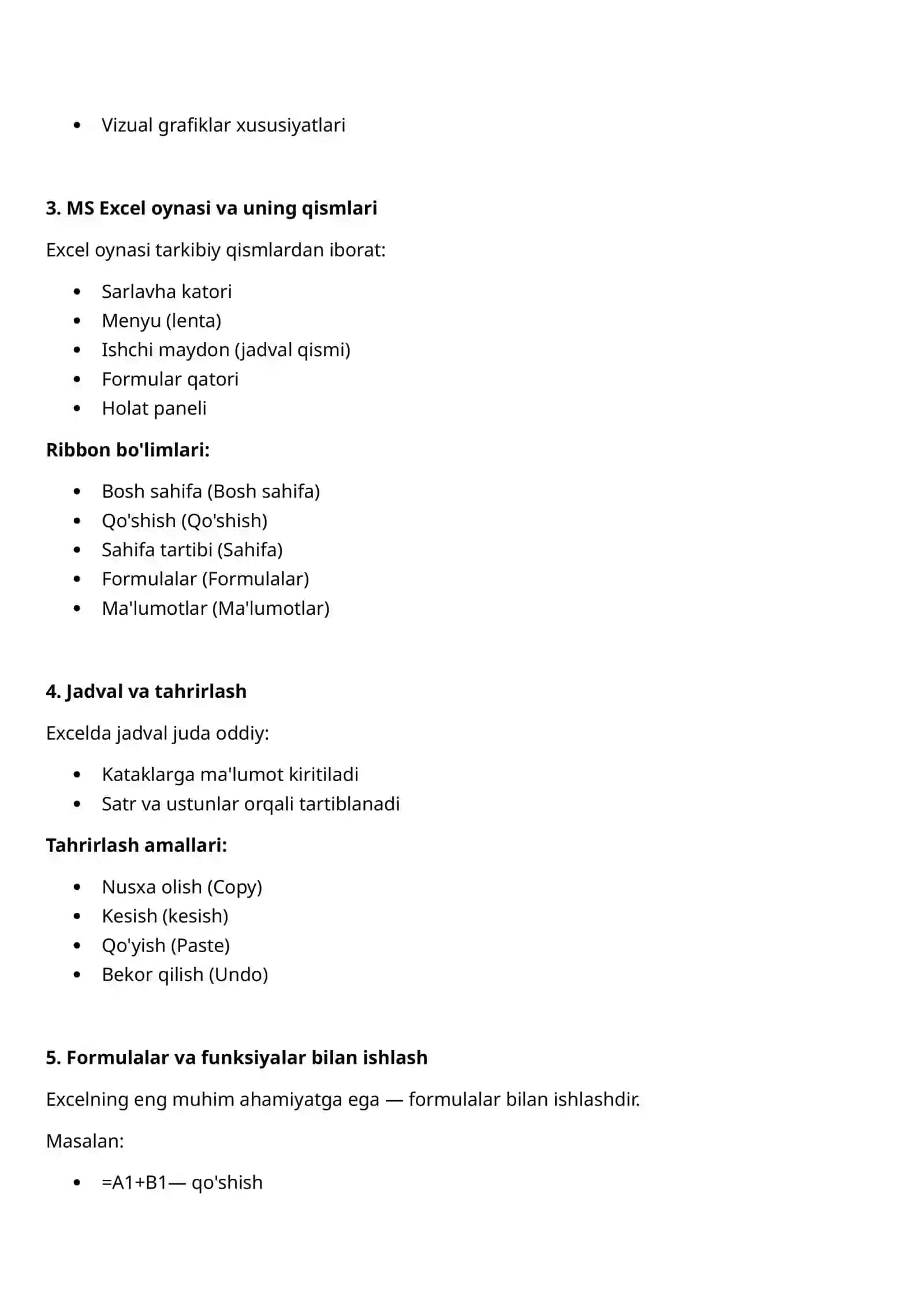 MS Office dasturlarida elektron jadvallar, tahlillar yuritish, diagrammalar hosil qilish 2