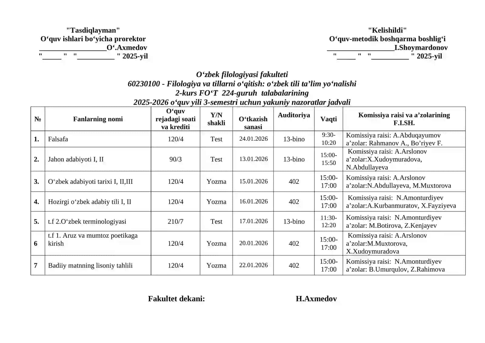Yakuniy nazoratlar jadvali 2025-2026 2