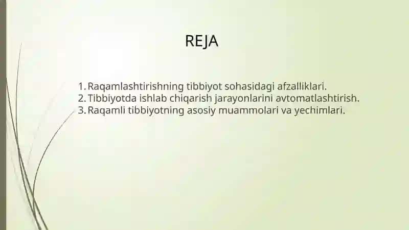 Tibbiyotni raqamlashtirish. Zamonaviy qo'llanilishi. Axborot texnologiyalarining tibbiyotda kommunikatsion texnologiyalarini ta'lim sohasi, ishlab chiqarish va tibbiyotda tadbiq etish 2