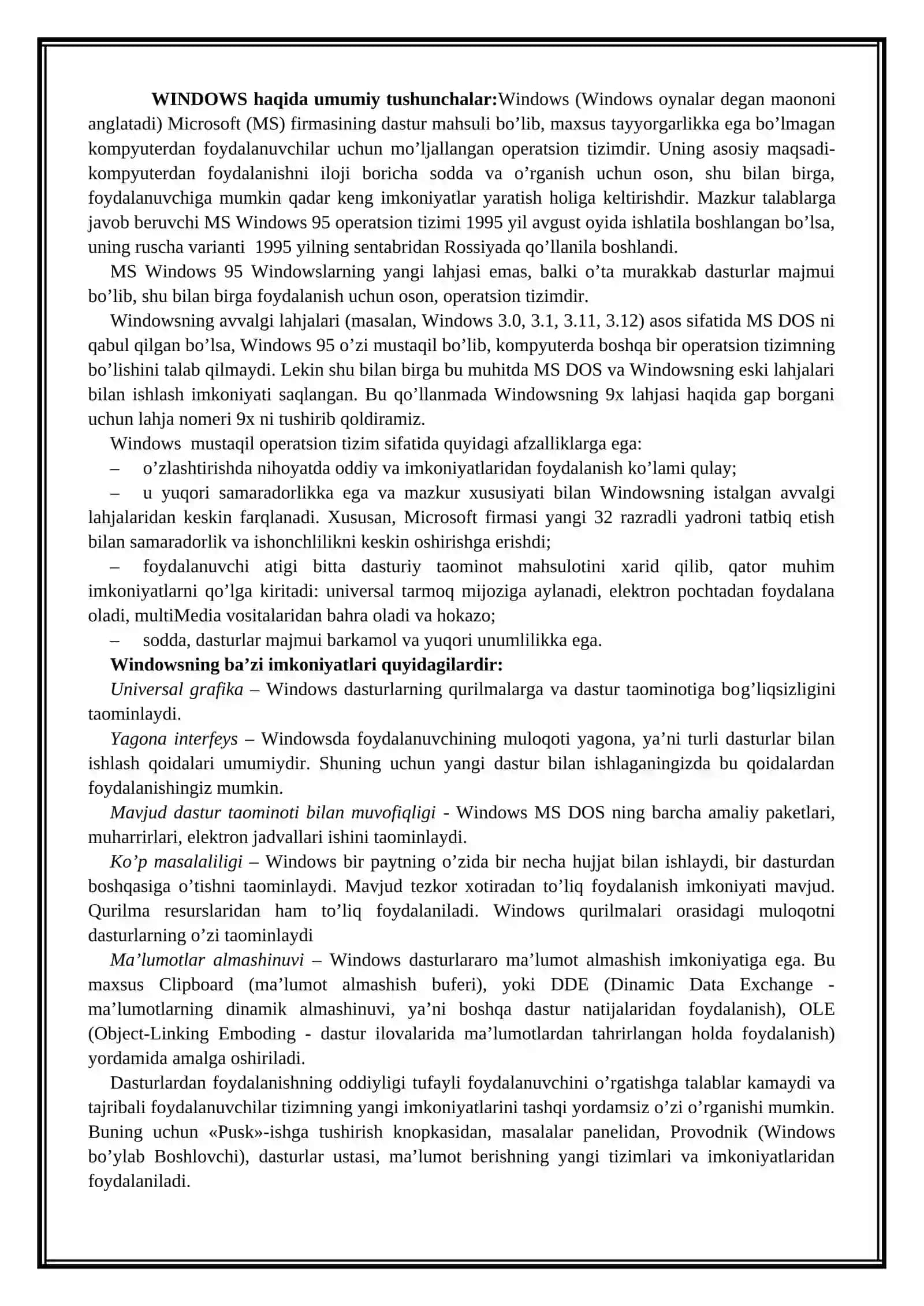 Windows operatsion tizimlari VA UNING IMKONIYATLARI 2