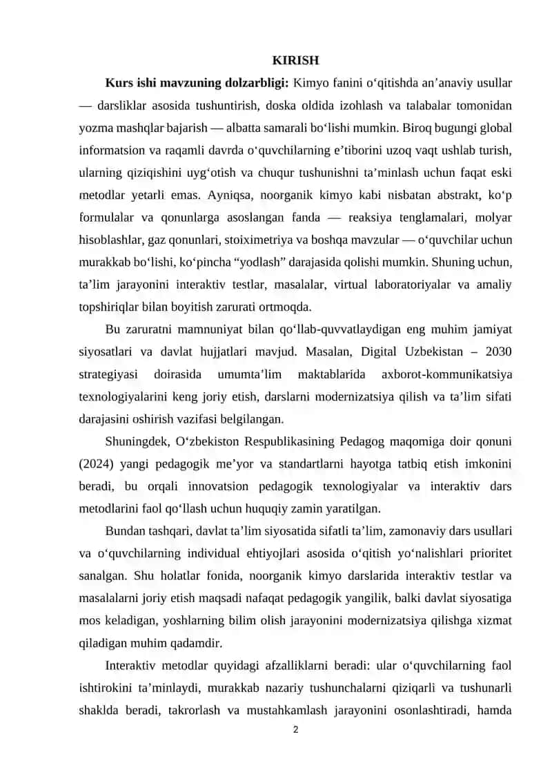 Noorganik Kimyo Darslarida Interaktiv Testlar 2