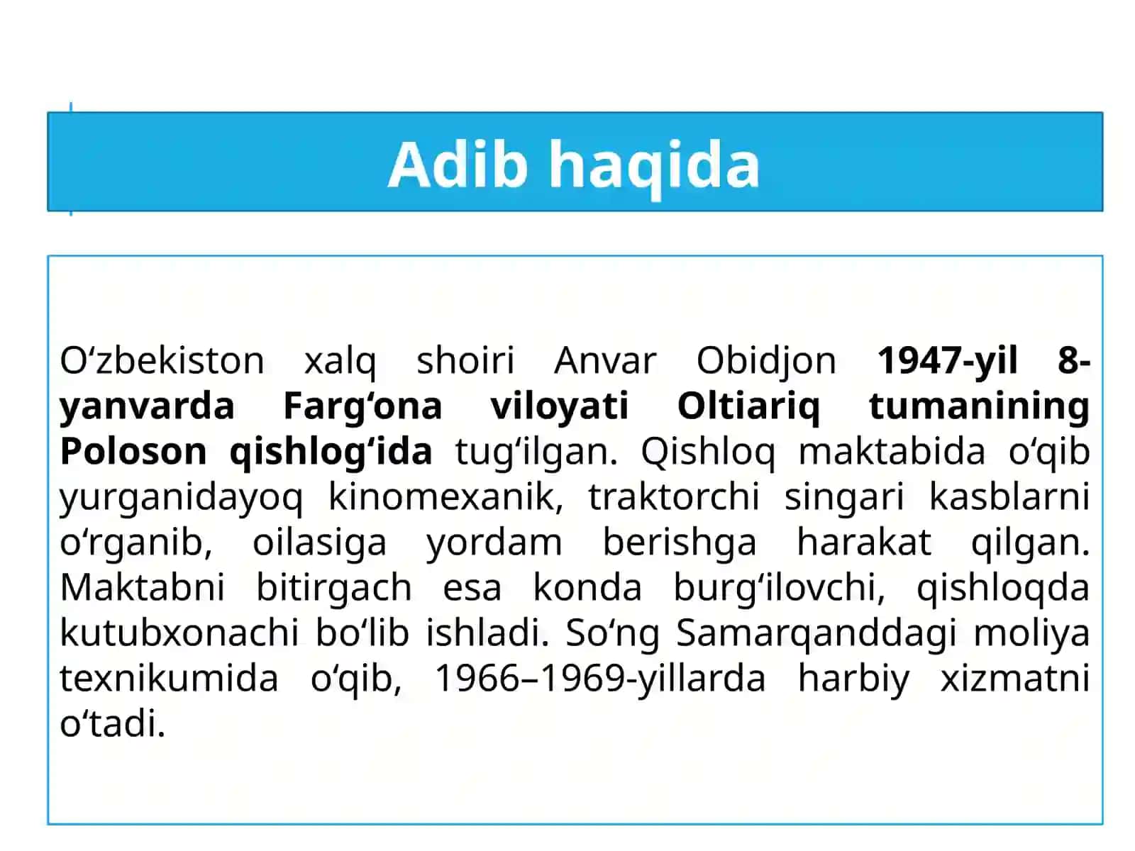 Anvar Obidjon hayoti va ijodi. She’rlari 2