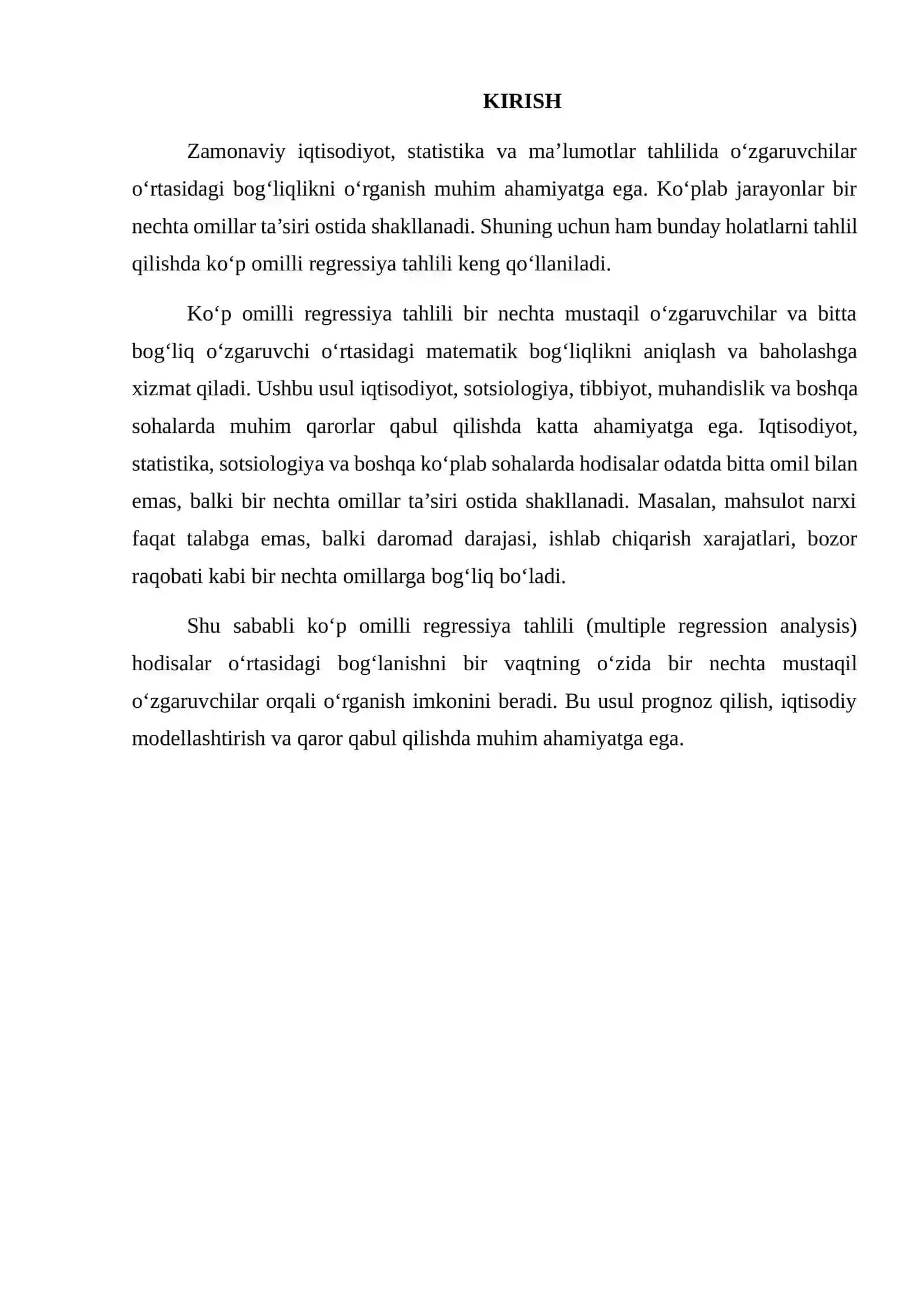 KO‘P OMILLI REGRESSIYA TAHLILI VA UNING QO‘LLANISH SOHASI 2