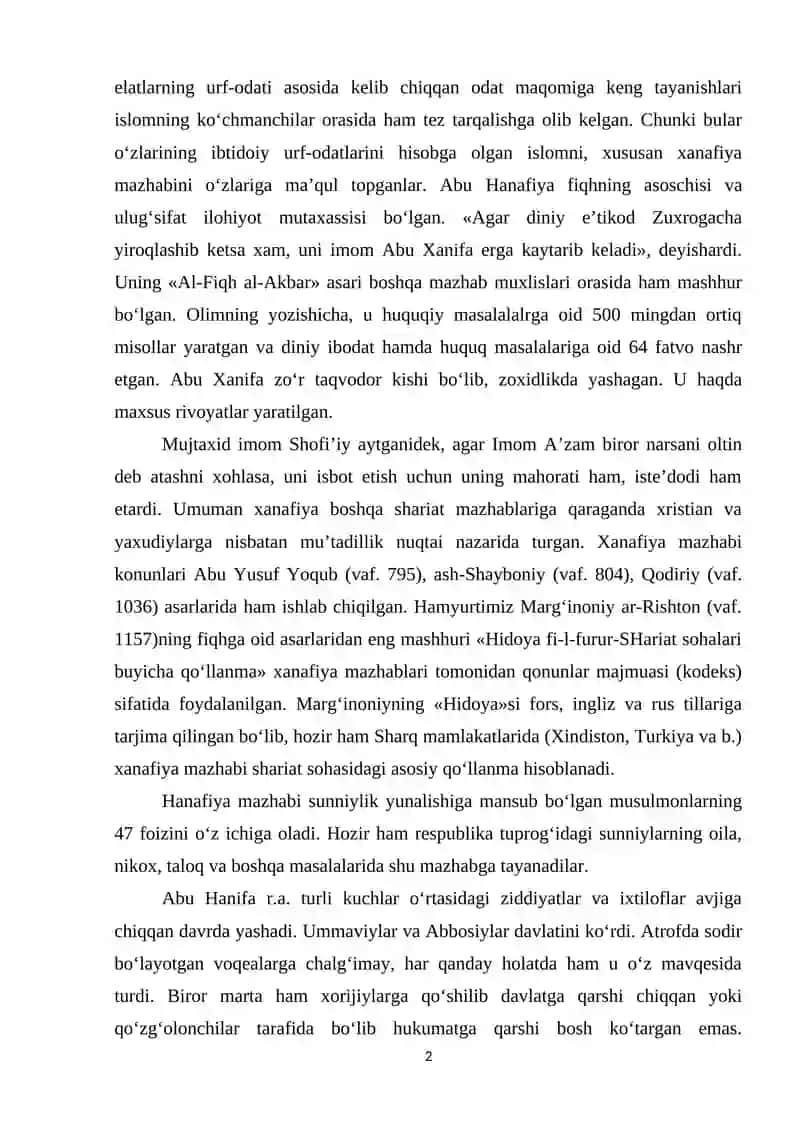 Markaziy Osiyo tarixida Hanafiya mazxabining o`rni 2