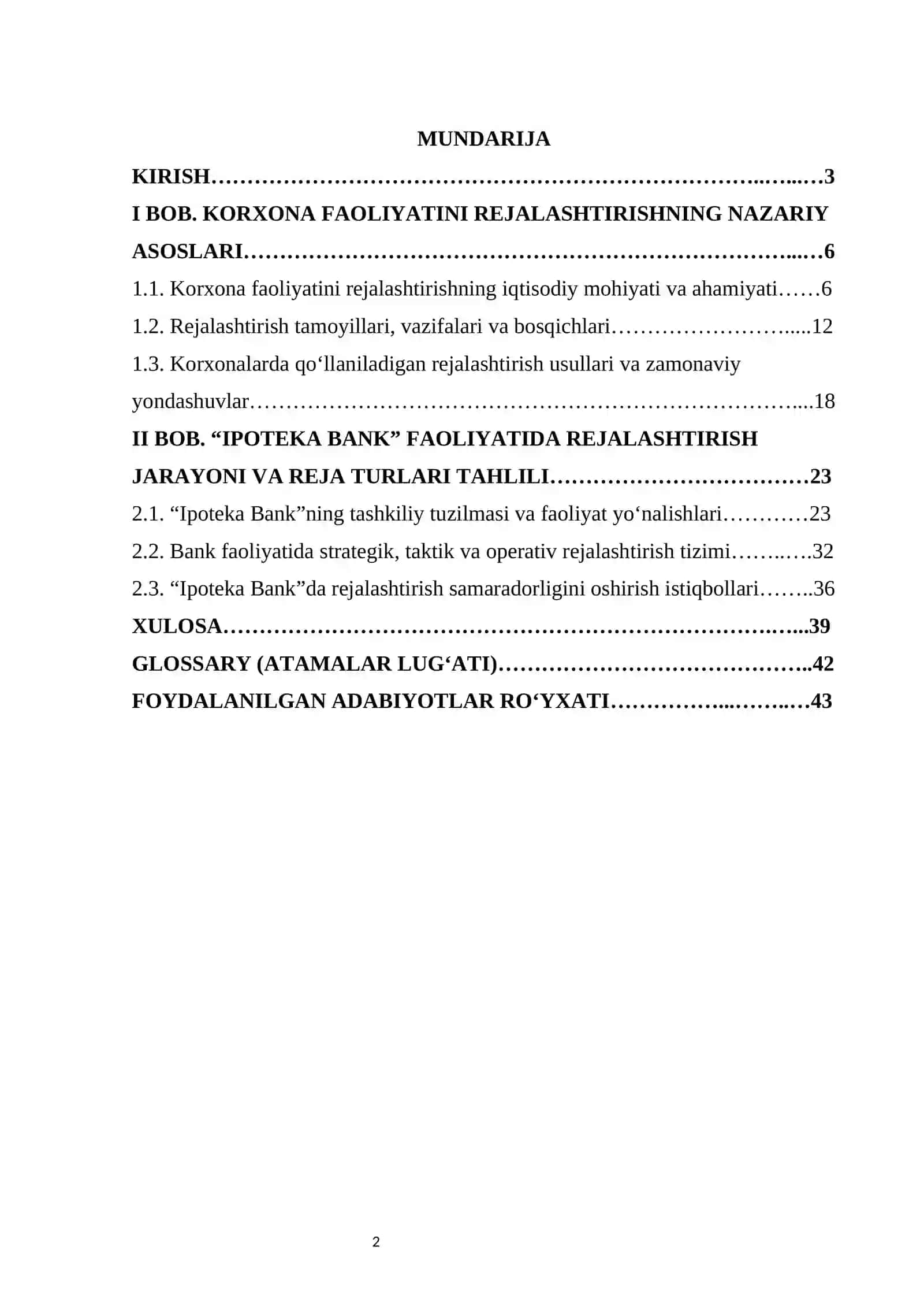 Korxona faoliyatini rejalashtirish va reja turlari  kurs ishi 2