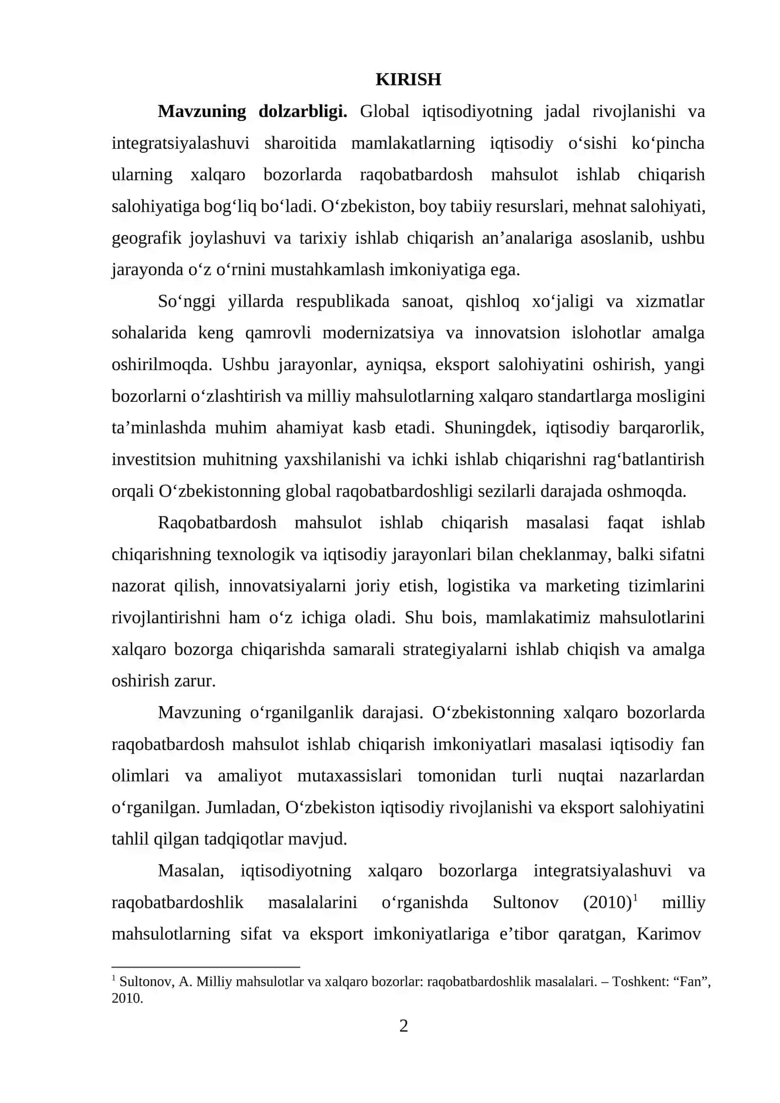 O‘zbekistonning xalqaro bozorlar uchun raqobatbardosh mahsulot ishlab chiqarish imkoniyatlari 2