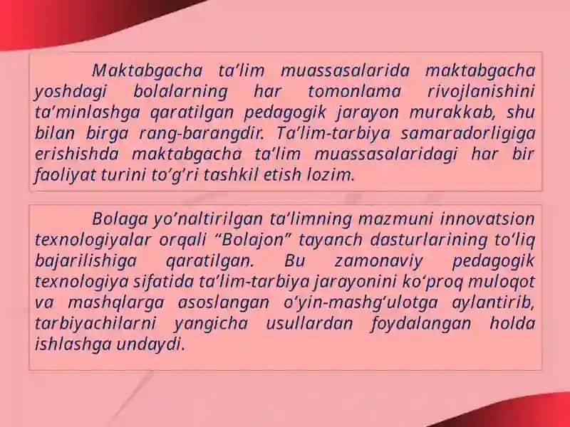 MAKTABGACHA TA'LIMDA TASHKILOTLARIDA INOVATSION PEDAGOGIK JARAYONLAR ASOSIDA LOYIHALASHTIRISH USULLARI 2