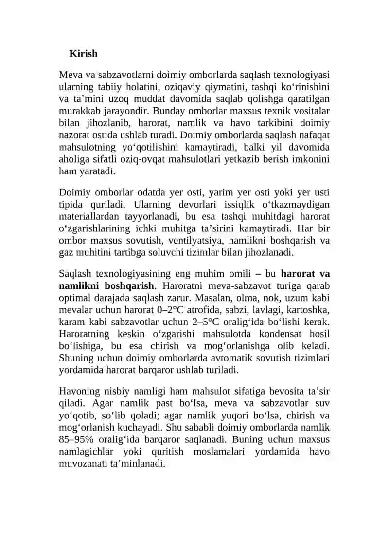 Meva-sabzavotlarni doimiy omborlarda saqlash texnologiyalari. 2