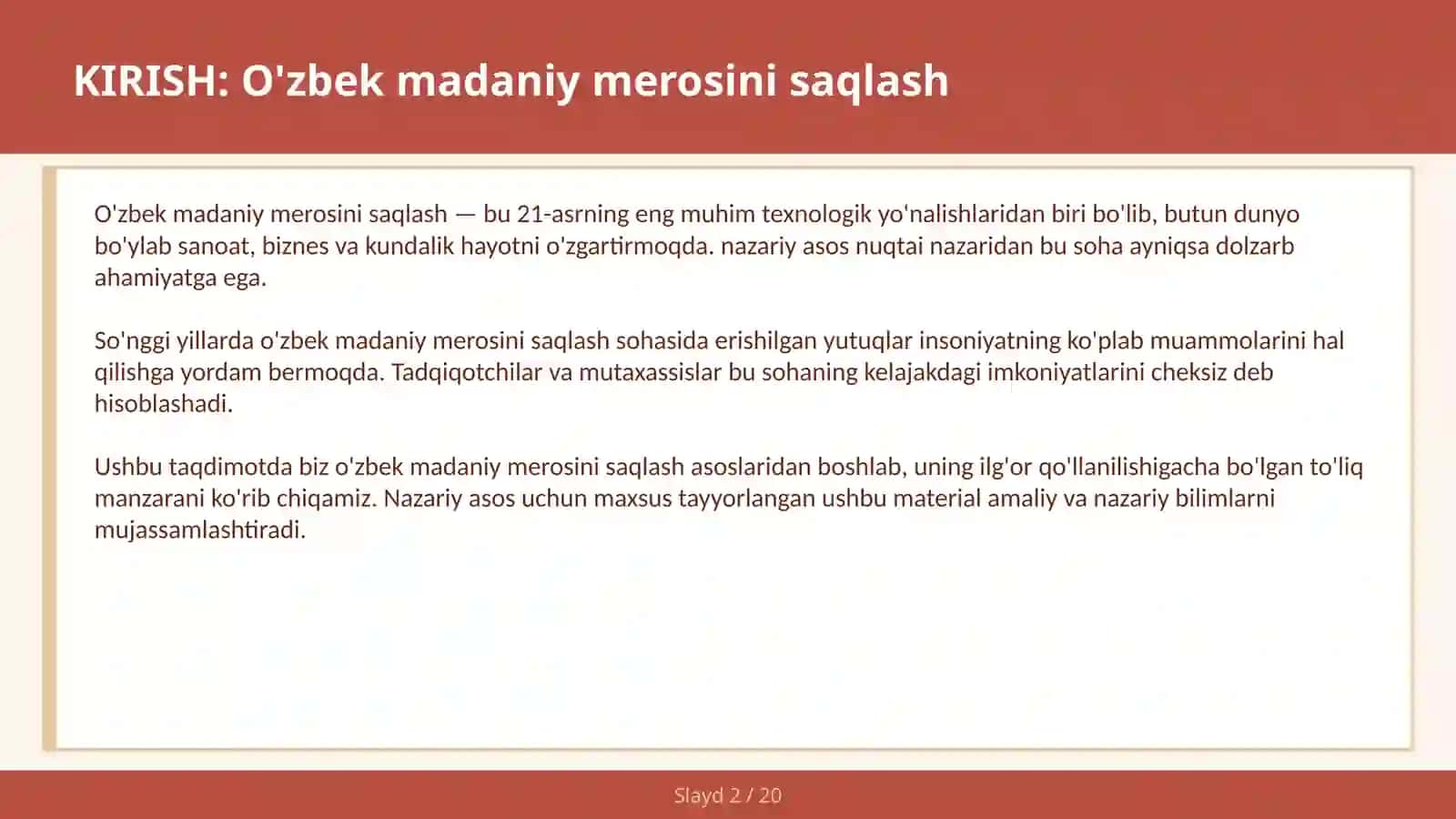 O'zbek Madaniy Merosini Saqlash 2