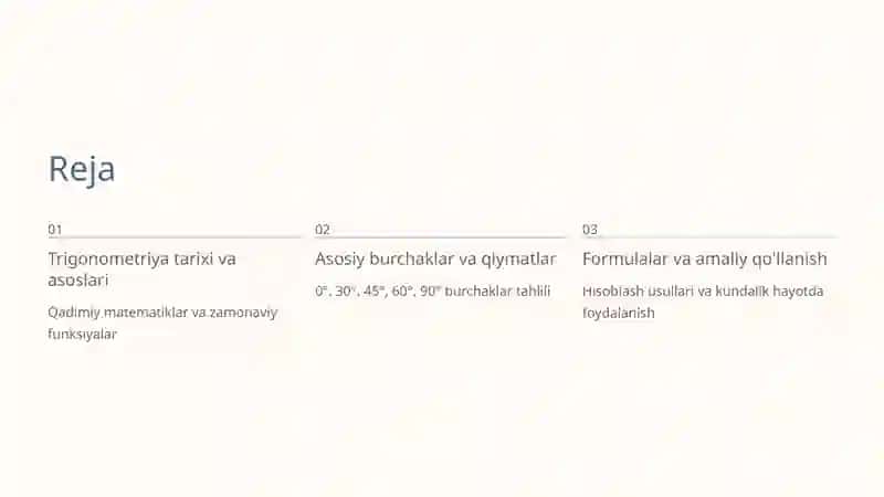 Trigonometrik funksiyalarning qiymatlari jadvali 1 2