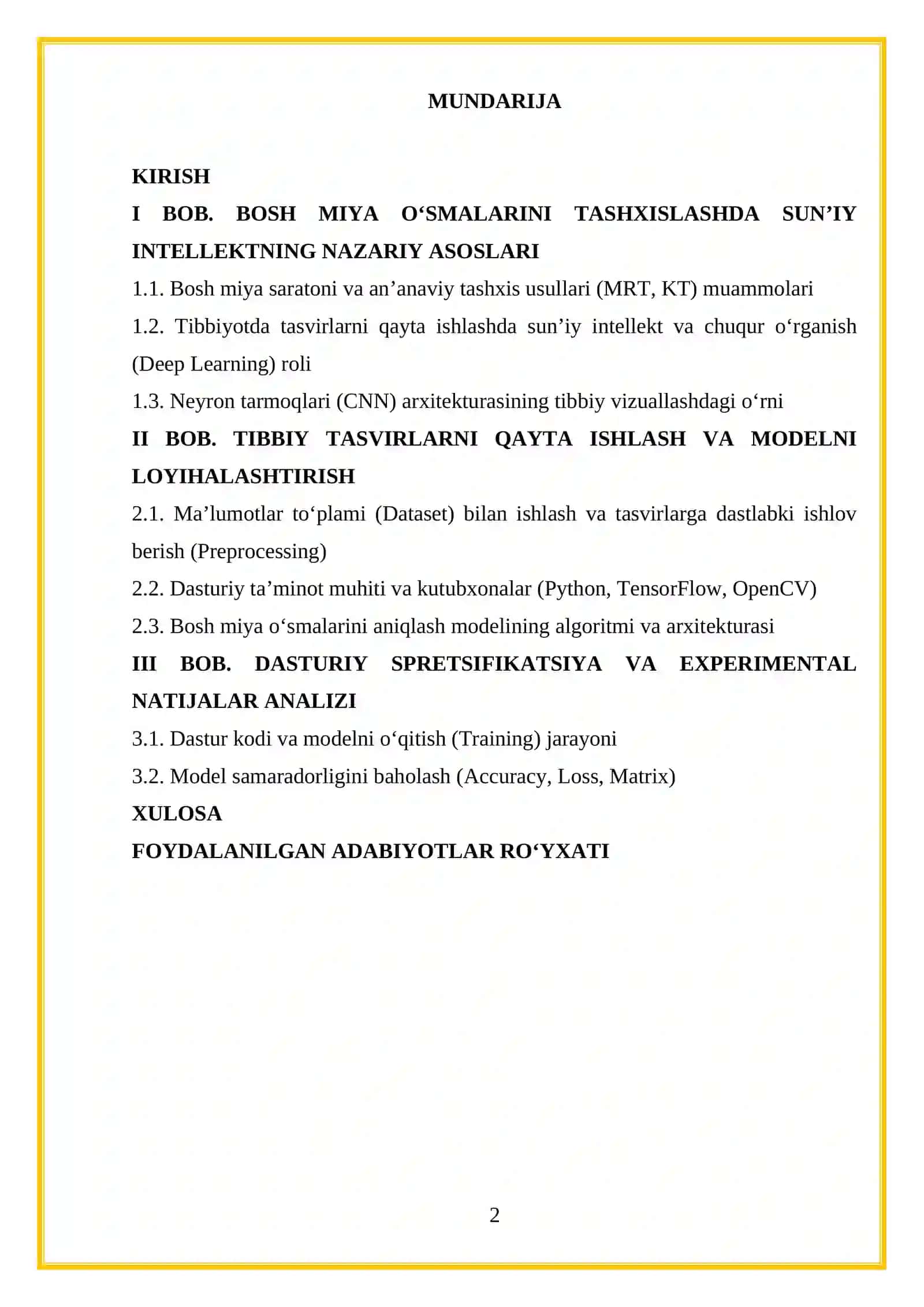 SUN’IY INTELLEKT DASTURIY VOSITALARI ASOSIDA BOSH MIYA RAK KASALLIGINI ANIQLASH DASTURINI ISHLAB CHIQISH 2