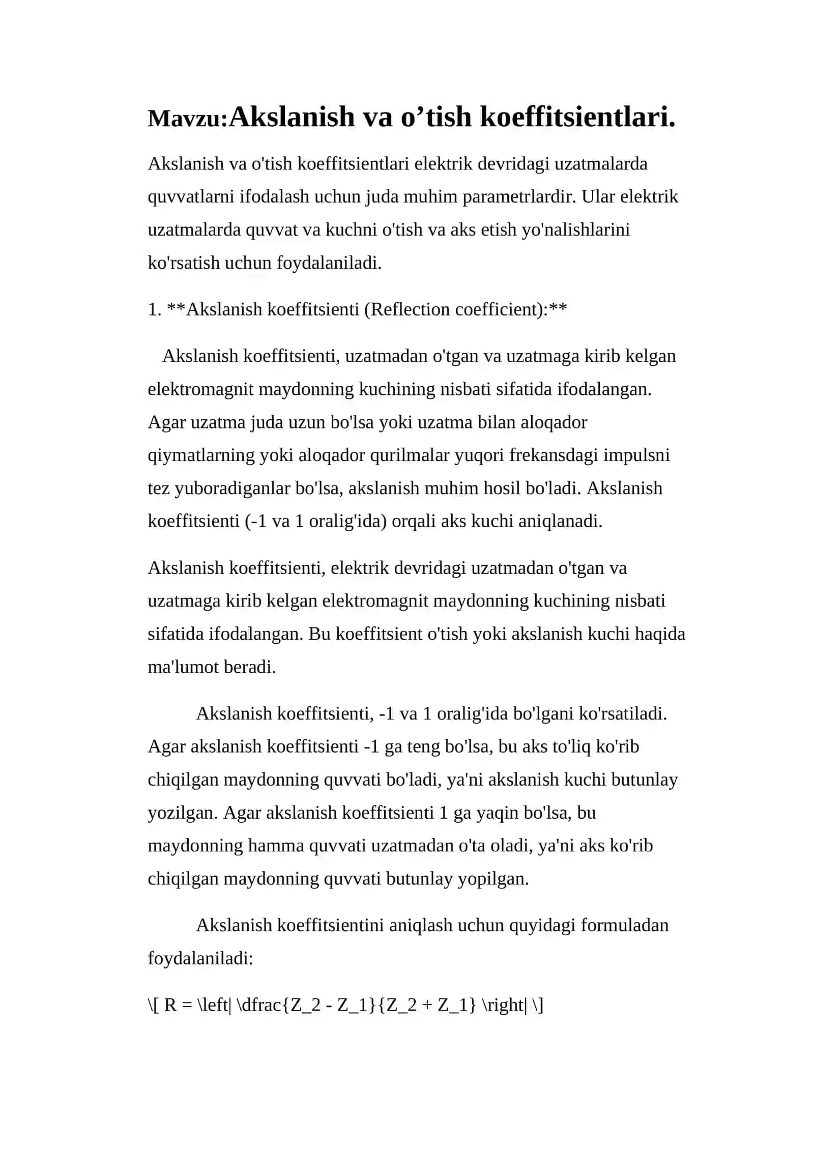 Akslanish va o’tish koeffitsientlari 2
