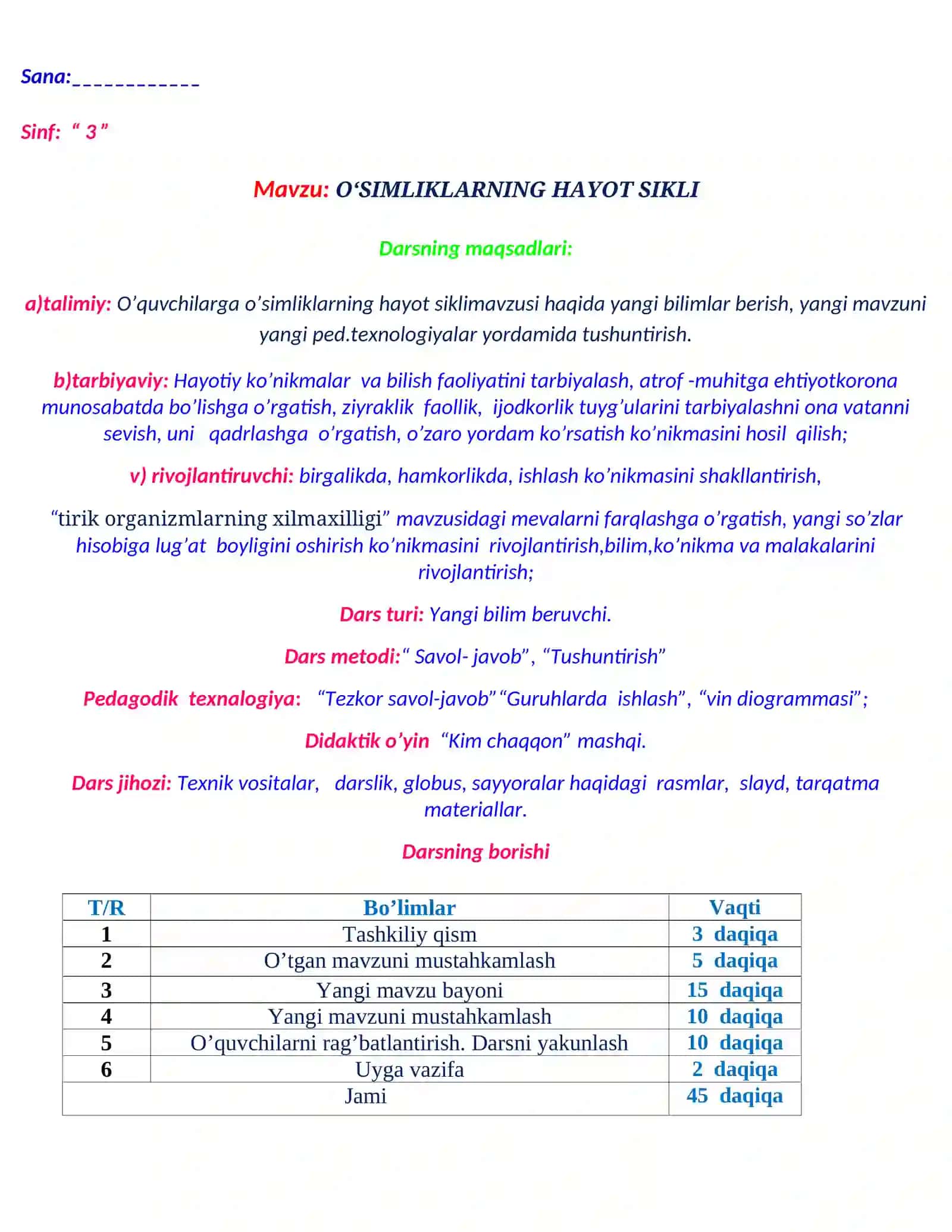 3-sinf Tabiiy fan O'simliklarning hayot sikli dars ishlanma 2