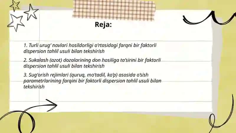 Qishloq xoʻjaligi sohasida uchraydigan masalalarni bir faktorli dispersion tahlil usuli bilan tekshirish 2