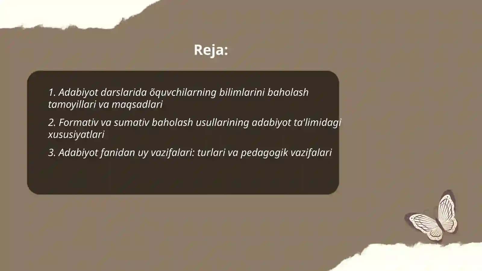 Adabiyot darslarida õquvchilarning bilimlarini baholash.Adabiyot õquv fanidan beriladigan uy vazifalari.Adiblar tarjimai holining berilishiga xos xususiyatlari.Adabiy ta'limda mustaqil fikrlashning ahamiyati.Mumtoz adabiyot namunalarini õrganish meto 2