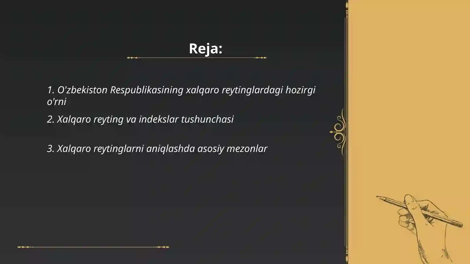 O'zbekiston Respublikasining xalqaro reyting va indekslaridagi o'rnini yaxshilash borasidagi huquqiy-normativ hujjatlarning qabul qilinish 2