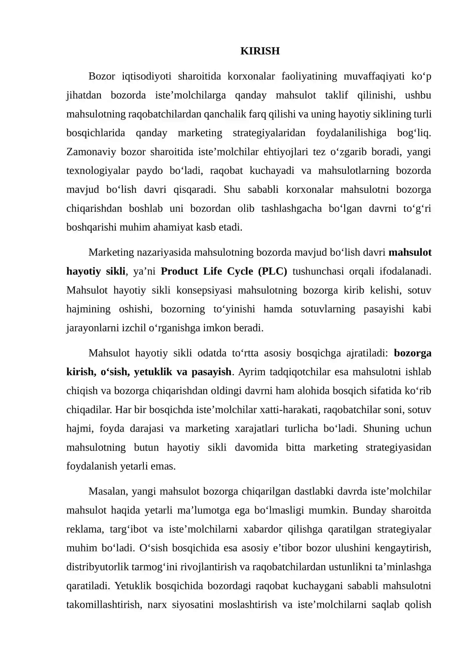 MAHSULOT HAYOTIY SIKLI (PLC) BOSQICHLARIGA MOS STRATEGIYA 2