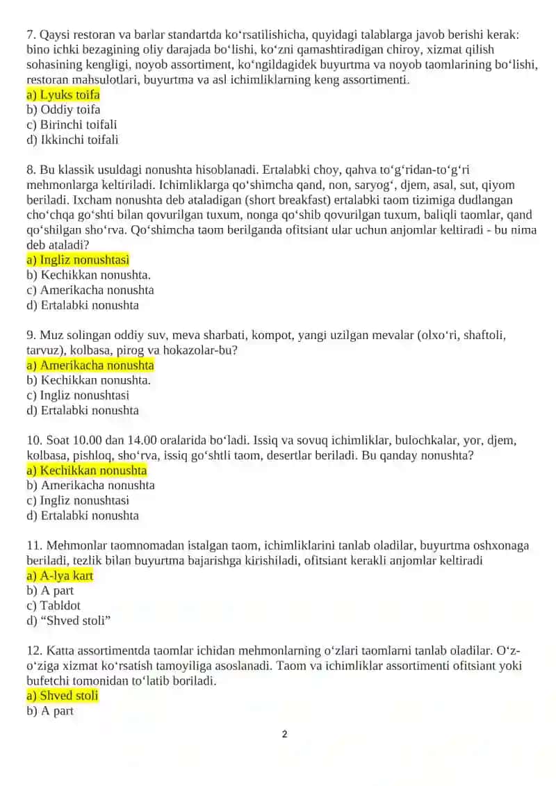 RESTORAN ISHI fanidan talabalari uchun YAKUNIY NAZORAT SAVOLLARI 2