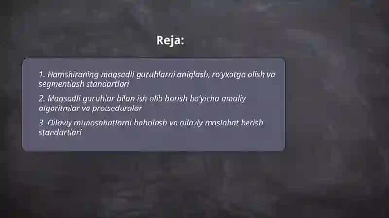 Hamshiraning maqsadli guruhlarda ish olib borish standartlari va algoritmlari 2