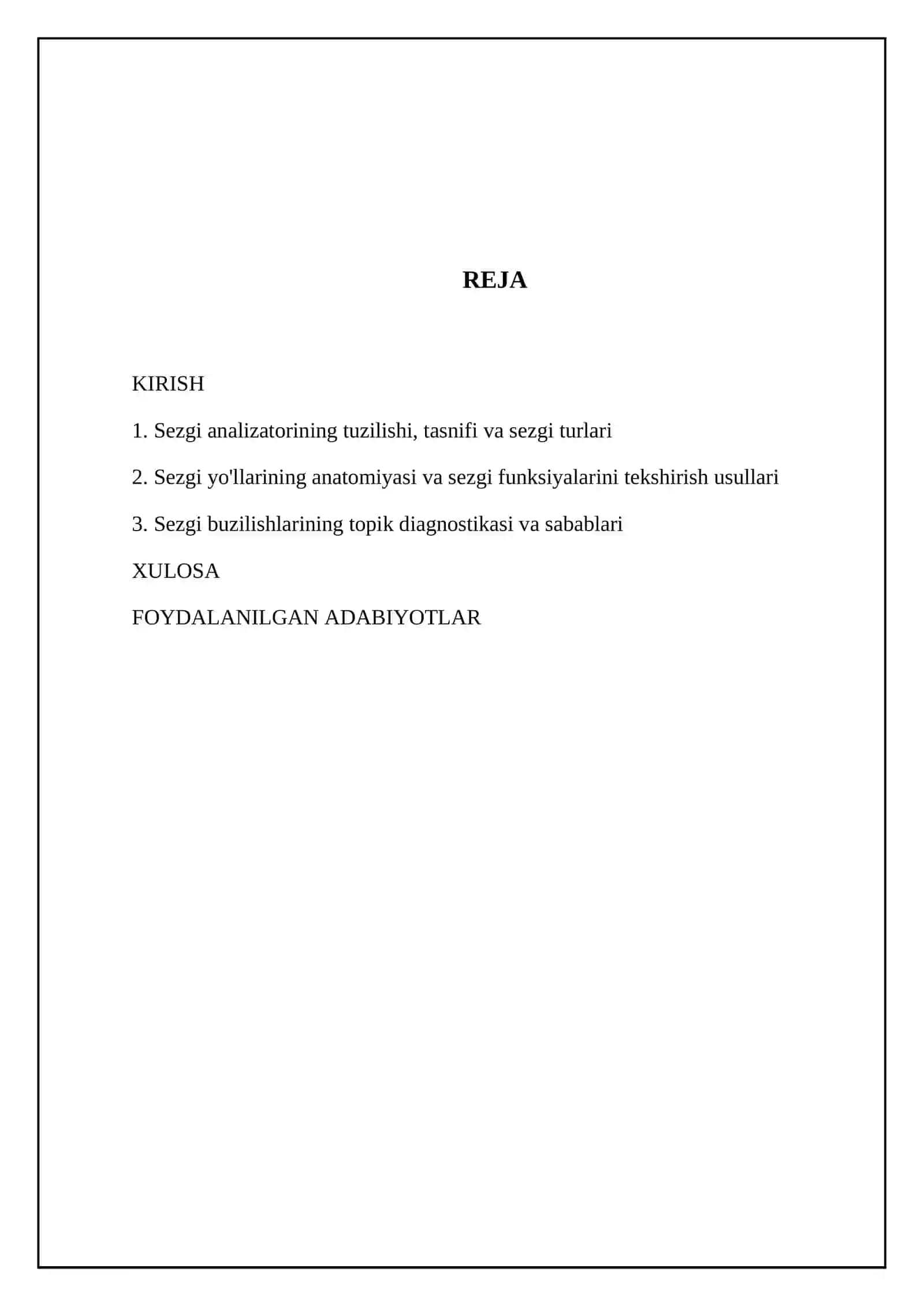 Sezgi analizatori. Klassifikatsiyasi, yuzaki, chuqur va murakkab sezgi turlari. Yuzaki va chuqur sezgi yo‘llari tuzilishi, sxematik chizmasi. Sezgi faoliyatini tekshirish usullari. Sezgi faoliyati buzilishining topik diagnostikasi. Segmentar va o‘tkazuvchi turdagi sezgi buzilishlari. Tortilish simptomlar 2