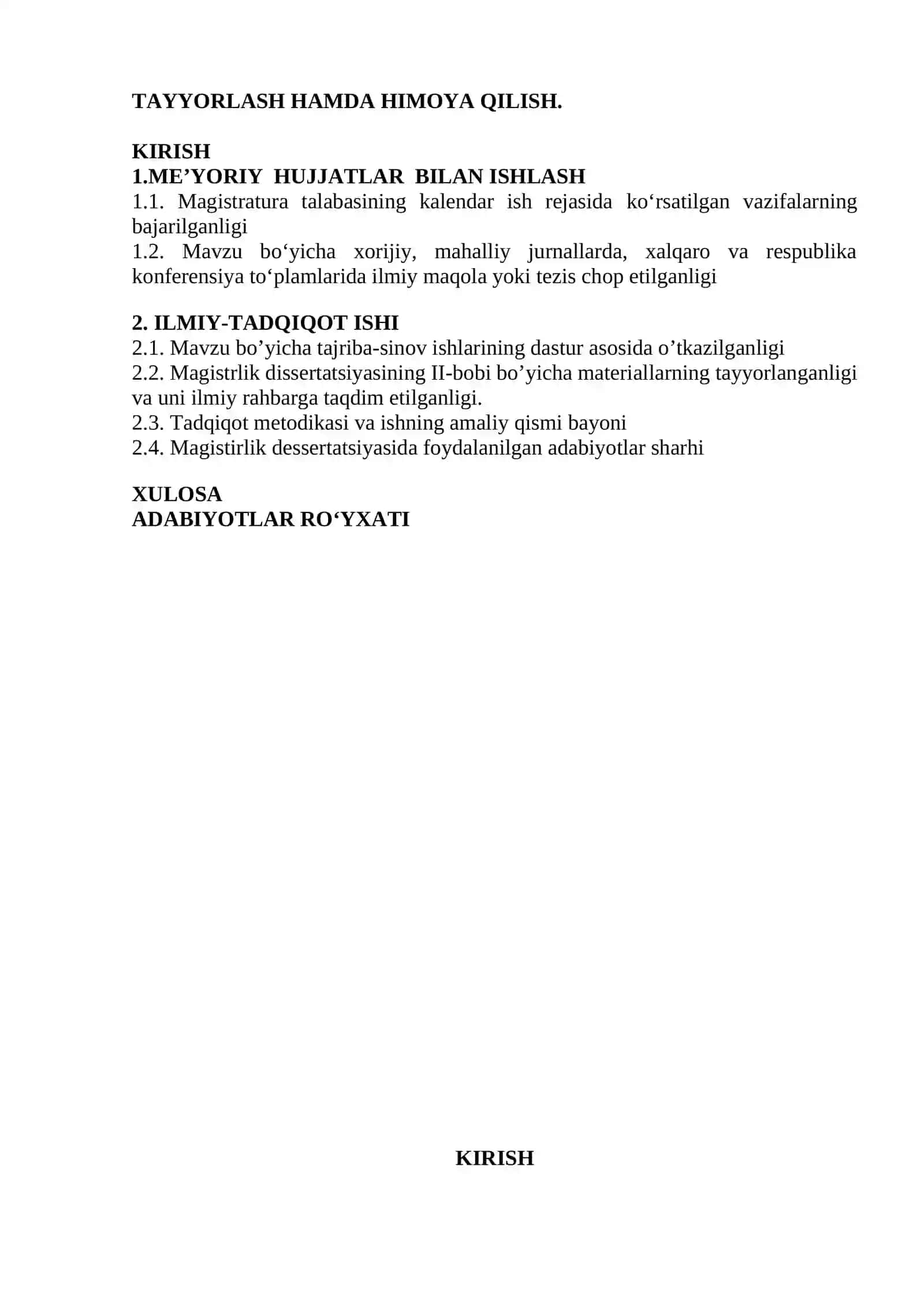 ILMIY TADQIQOT ISHI VA MAGISTRLIK DISSERTATSIYASINI TAYYORLASH HAMDA HIMOYA QILISH va ILMIY PEDAGIGIK ISHI BO‘YICHA HISOBOTI 2