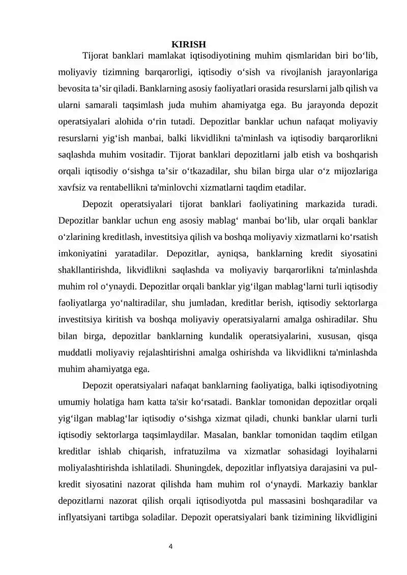 tijorat banklaridagi depozit operatsiyalari va ularning bank tizimidagi o‘rni, moliyaviy barqarorlikni ta'minlashdagi roli hamda iqtisodiyotga ta'siri 2