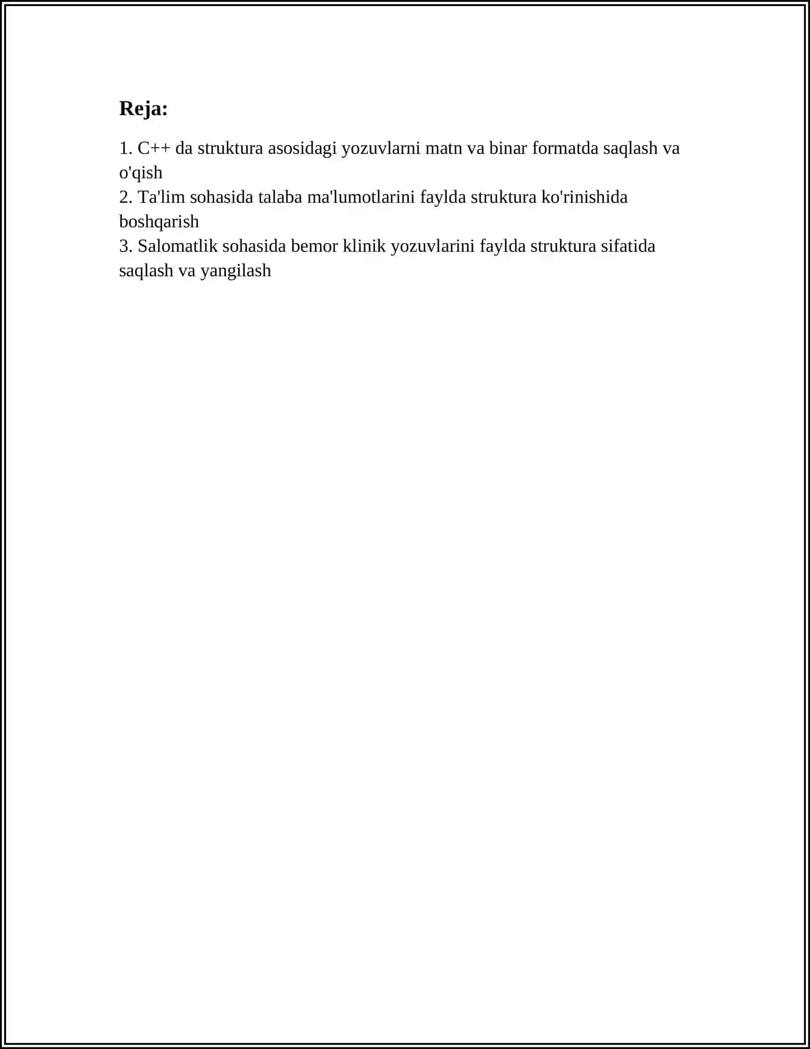 C ++ DA FAYL TOIFASIDAGI STRUKTURAVIY MA'LUMOTLARNI SOHA BOʻYICHA ISHLATGAN HOLDA DASTUR TUZISH 2