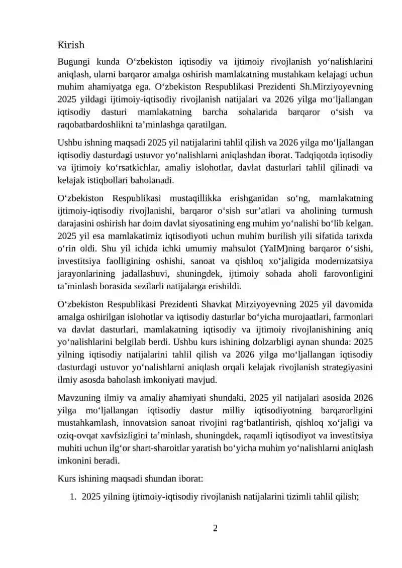 Mavzu II. BOB. 2025 yil natijalari asosida 2026 yilga mo‘ljallangan iqtisodiy dasturining asosiy ustuvor yo‘nalishlari 2