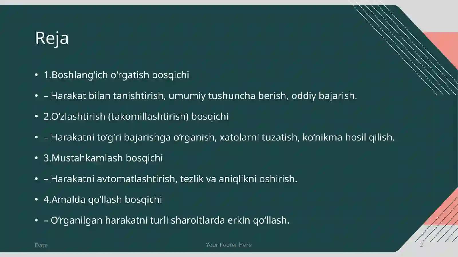 Harakatlarga o'rgatish jarayonining bosqichlarining xususiyatlari va tuzilishi 2