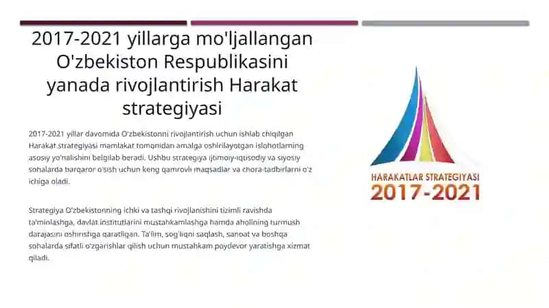 2017-2021 yillarga mo’ljallangan O’zbekiston Respublikasini yanada  rivojlantirish Harakat strategiyasi 2