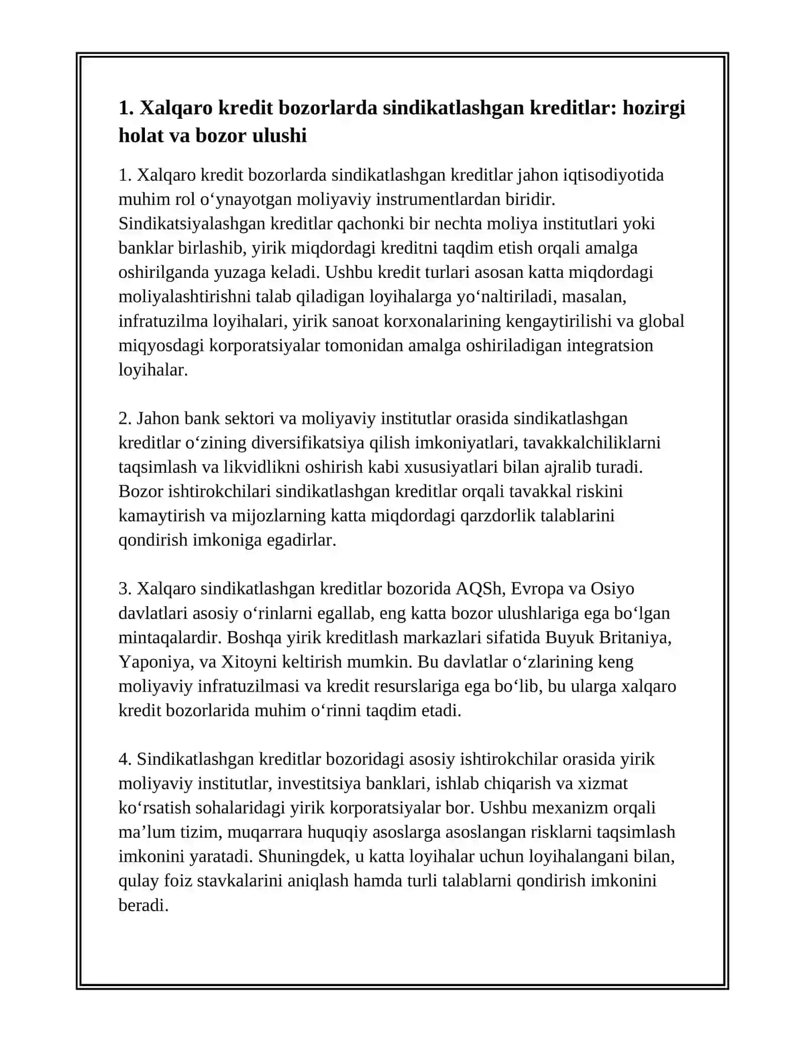 XALQARO KREDIT BOZORLARIDA SINDENTIFIKATSIYALASHGAN KREDITLAR MAVQEINI OSHIRISH 2