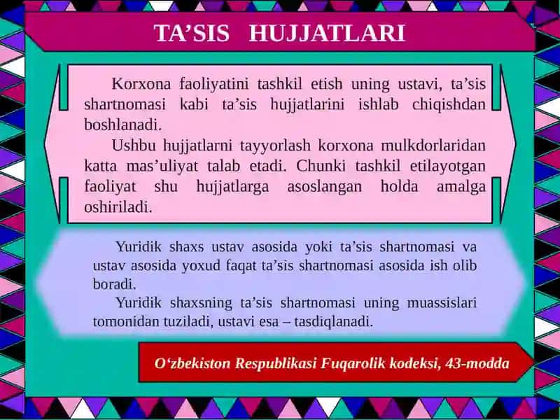 Korxona ustavi tasis hujjatlari mazmuni 2