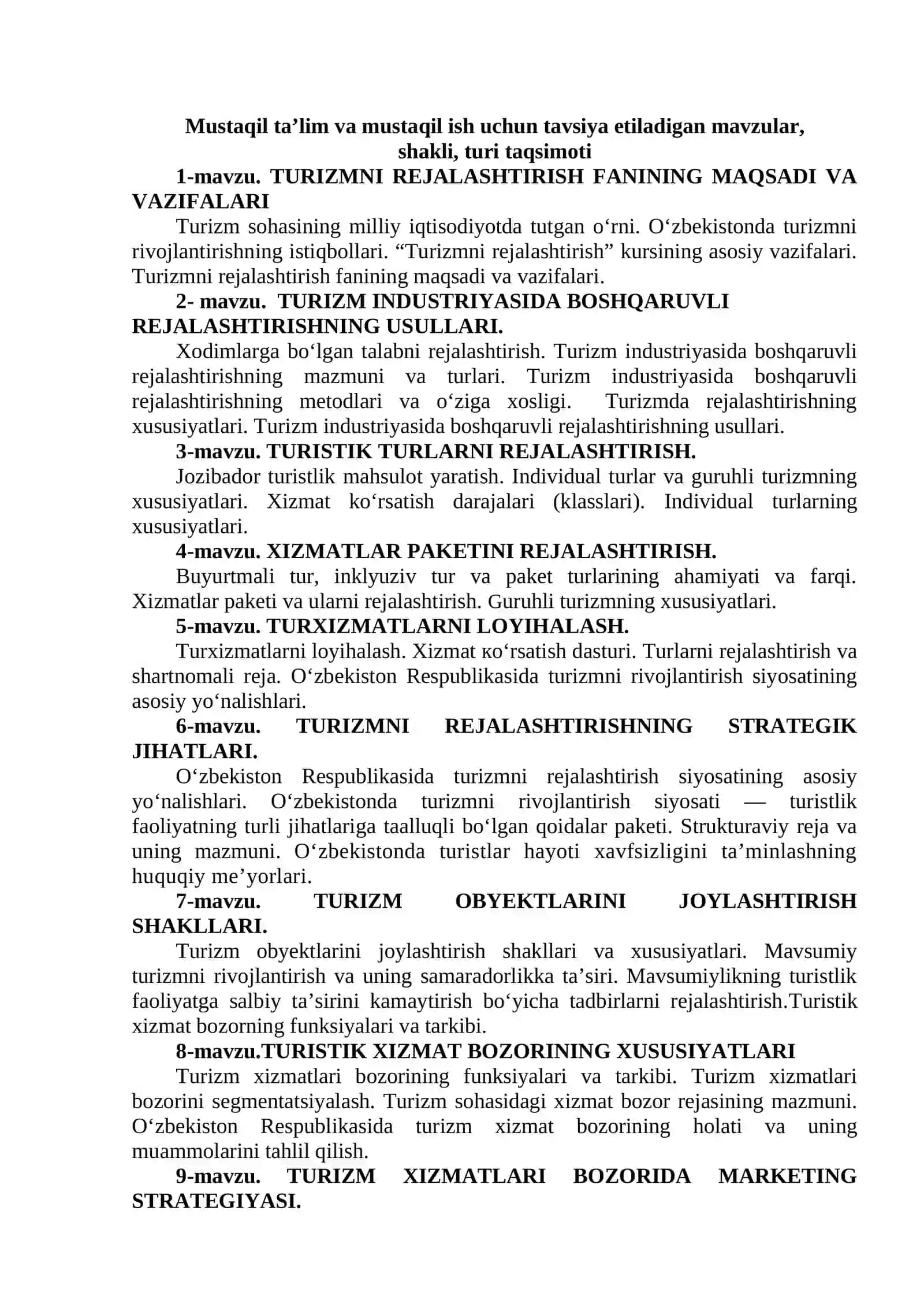 TURIZMNI REJALASHTIRISH FANINING MAQSADI VA VAZIFALARI 2
