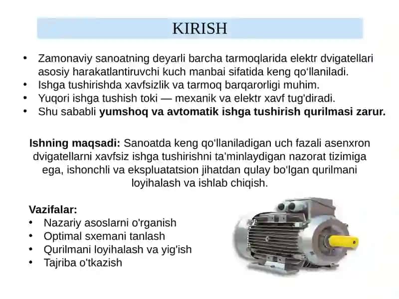 Dvigatellarni xavfsiz ishga tushurish uchun qurulma tayyorlash 2