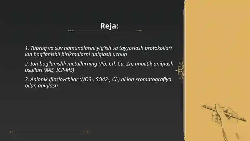 Tuproq suvning ifloslanishida ion bog'lanishli birikmalarni aniqlab ulardan tozalash g'oyasini ishlab chiqish 2