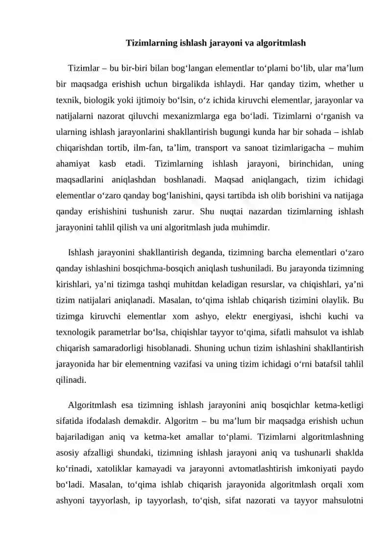 Tizimlarning ishlash jarayonini shakillantirish va algoritmlash 2