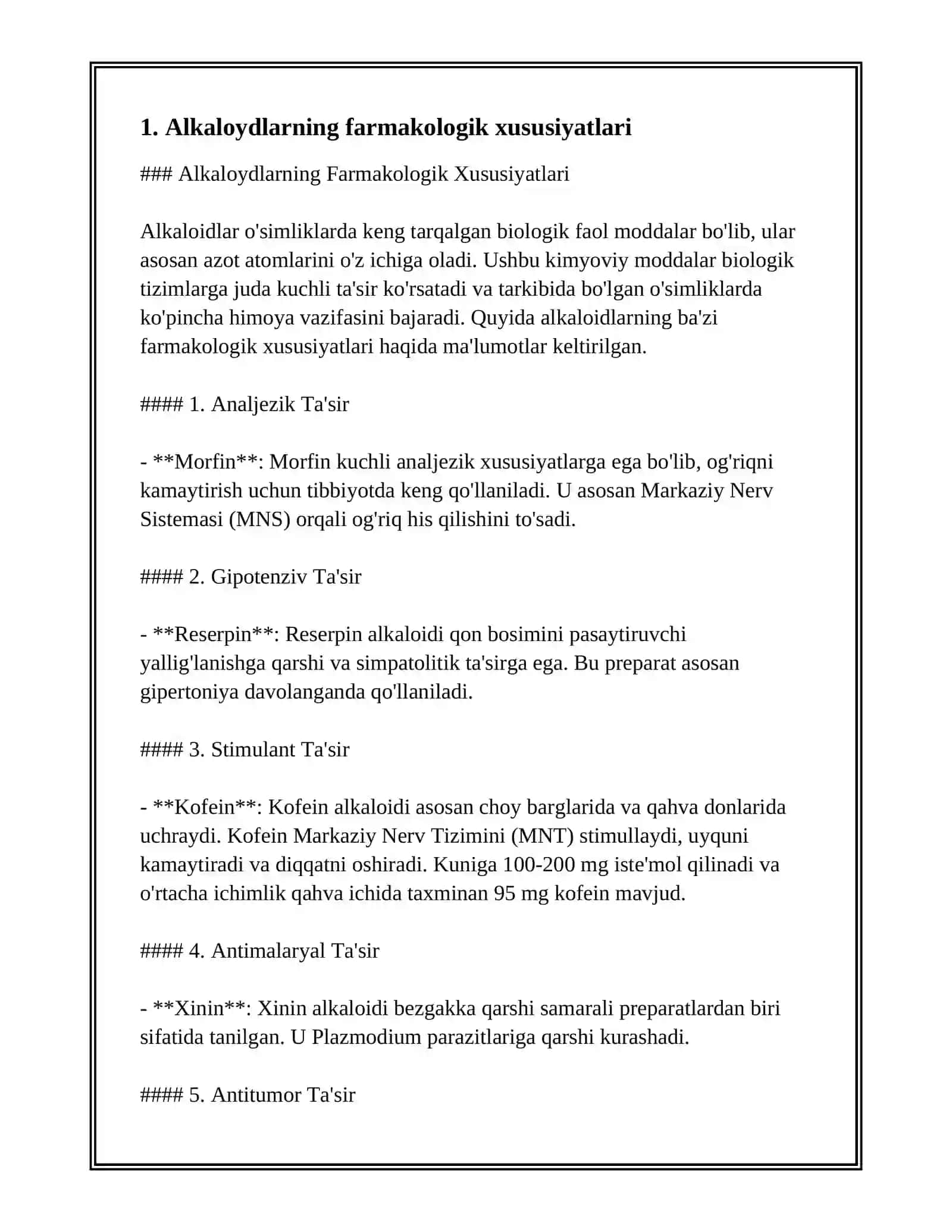 ALKALOIDLAR. TARKIBIDA ALKALOIDLARNI SAQLOVCHI DORIVOR O'SIMLIK (GIYOH)LAR VA DORIVOR O'SIMLIK (GIYOH)LAR XOM ASHYOLARI 2