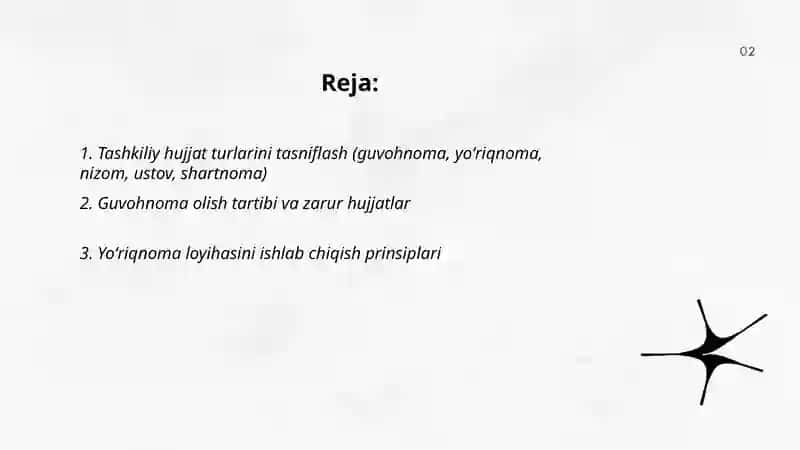 Tashkiliy hujjatlar guvohnoma, yoʻriqnoma,nizom, ustov,shartnoma tuzish 2