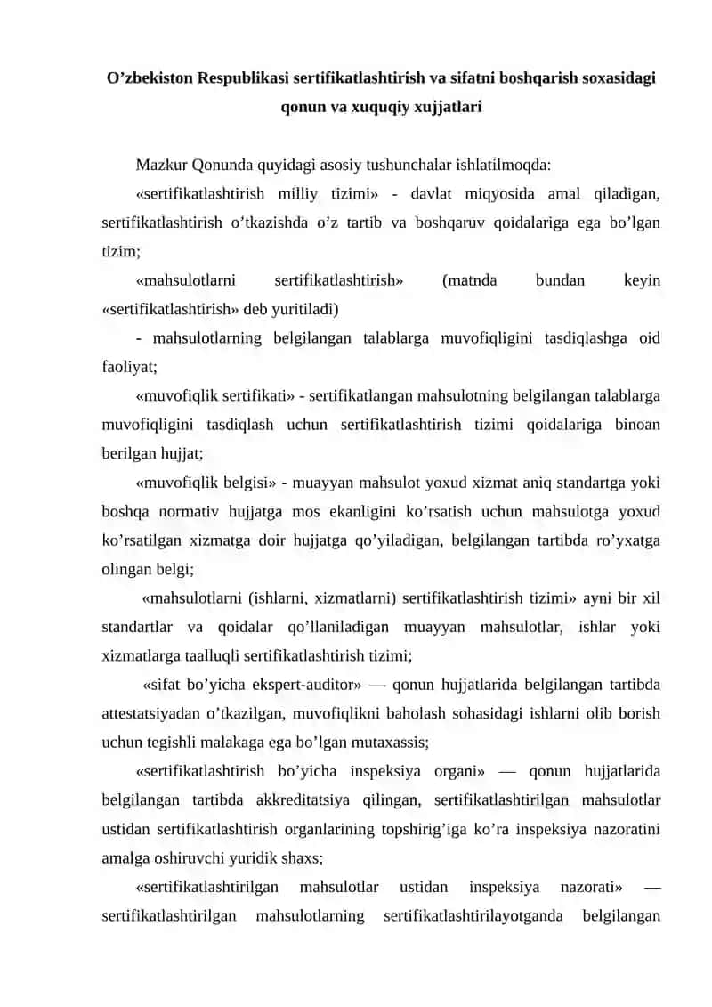Sertifikatlashtirishning me’yoriy va qonuniy asoslari 2