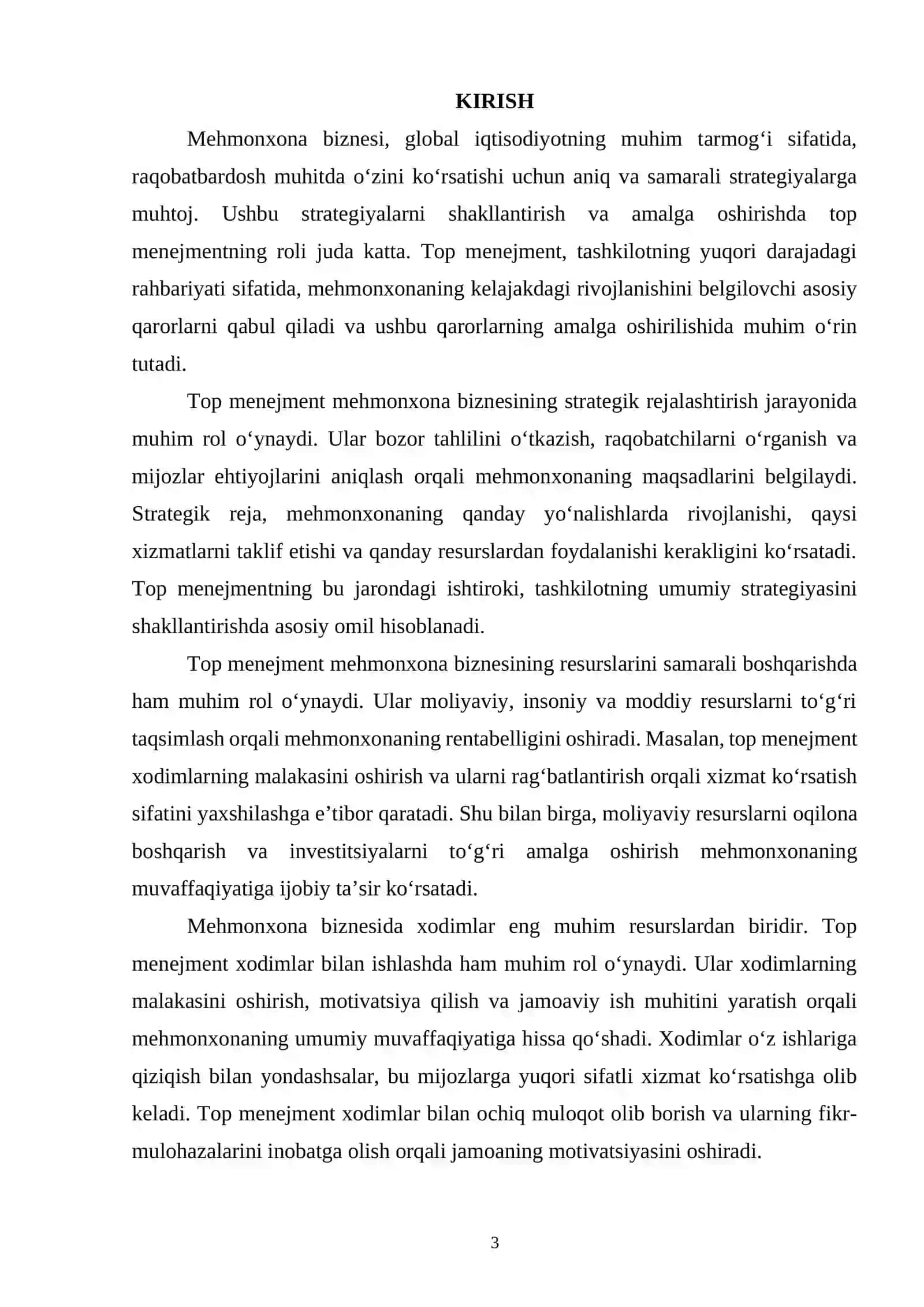 Mehmonxona biznesi strategiyasini shakllantirish va amalga oshirishda top menejment qanday rol o'ynashini o'rganish 2