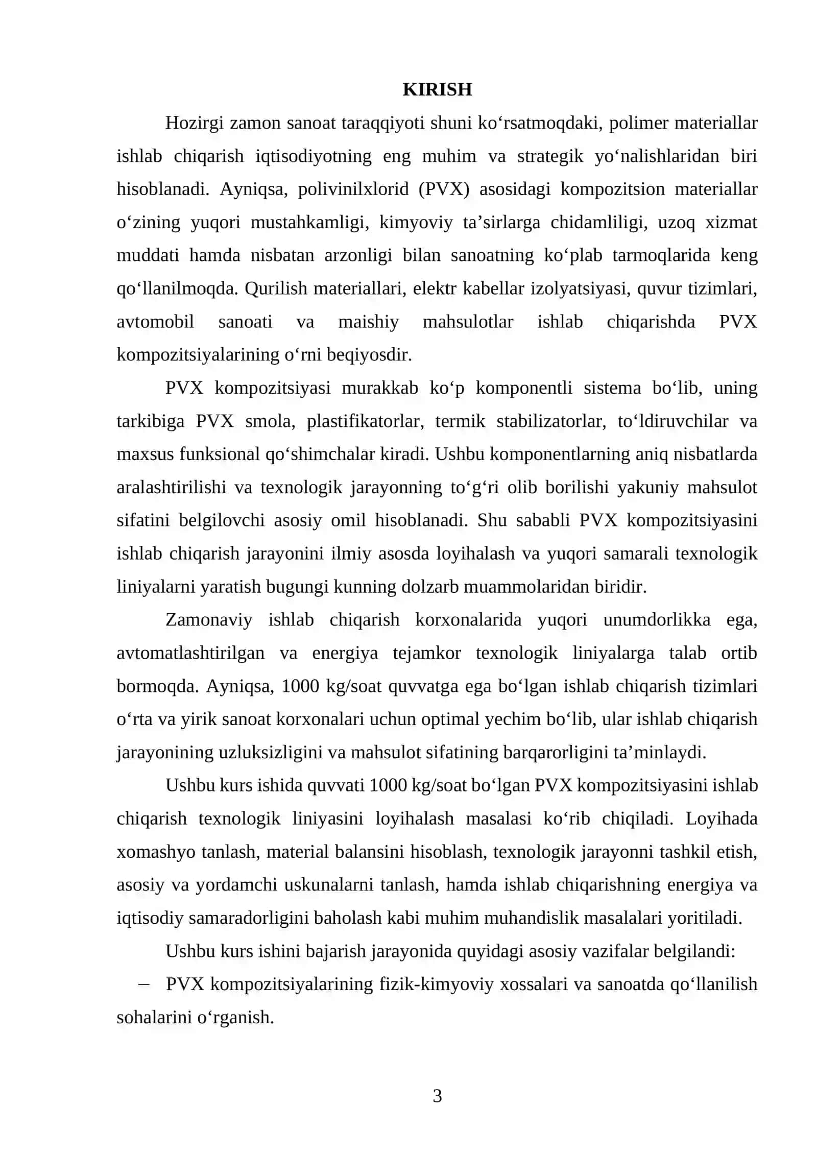 Quvvati Q=7000 t/yil boʻlgan suspenziyali PVX ishlab chiqaradigan texnologik liniyasini loyihalash 2