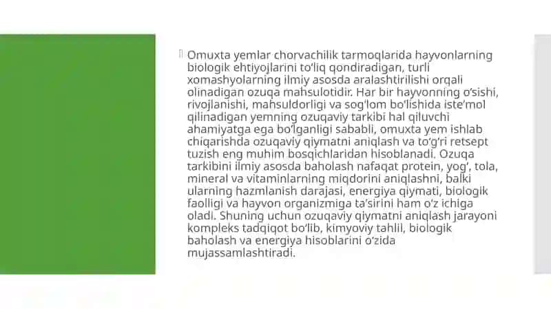 Omuxta yemlarning ozuqaviy qiymatini aniqlash, retsept tuzish 2